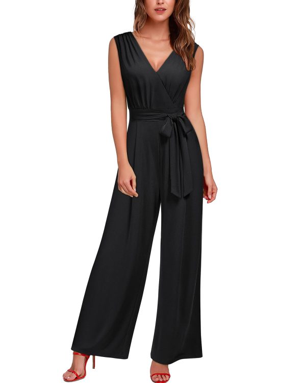 Women's Sleeveless Deep V Neck Ruched Wide Leg Jumpsuit Long Romper Belt with Pockets