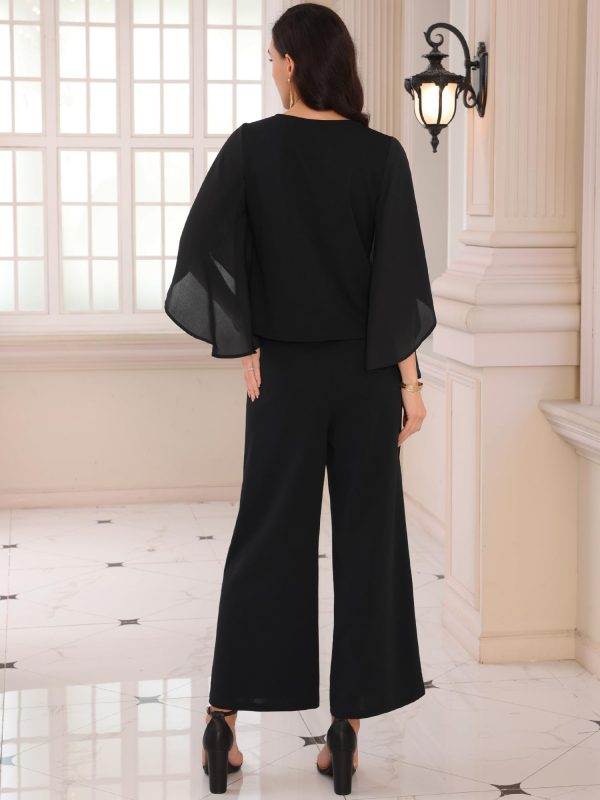 61DddleC0gL.jpg Women's 2 Pieces Sets Elegant Chiffon Sleeve Top Wide Legs Pants Mother of Bride Suits
