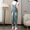 Women Printed Denim Overalls Sleeveless Wide Leg Denim Jumpsuits Loose Vintage Jumpsuits
