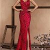 Sequin Evening Dress for Women V Neck Long Slit Formal Gown Wedding Guest Prom Floor Length Party Dress