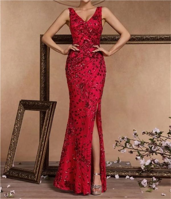 Sequin Evening Dress for Women V Neck Long Slit Formal Gown Wedding Guest Prom Floor Length Party Dress