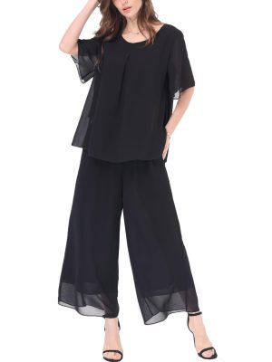 Women's Chiffon Summer 2 Piece Outfits Suit Blouse Top Capri Wide Leg Dress Casual Business Pants Sets