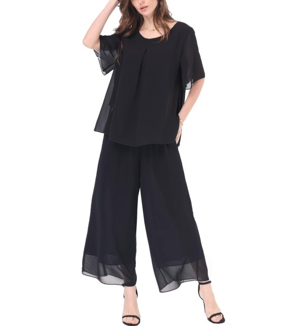 Women's Chiffon Summer 2 Piece Outfits Suit Blouse Top Capri Wide Leg Dress Casual Business Pants Sets