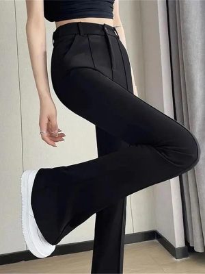 Women Solid Color Suit Pants Summer Female High Waisted Mop Pants Lady Flared Pants