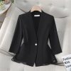 Women Elegant Black White Blazer Ruffle Slim Fit Half Sleeve Formal Office Top Work Jacket