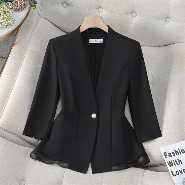 Women Elegant Black White Blazer Ruffle Slim Fit Half Sleeve Formal Office Top Work Jacket