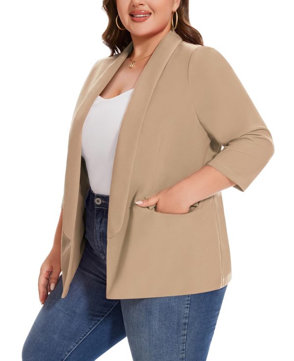 Plus Size Blazers for Women Casual Work Office 3/4 Sleeve Open Front Cardigan Suit Jacket Blazer with Pockets