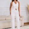 Two Piece Sets for Women Summer V Neck Button Down Sleeveless Halter Vest Tops Wide Leg Pants Sets Matching Sets
