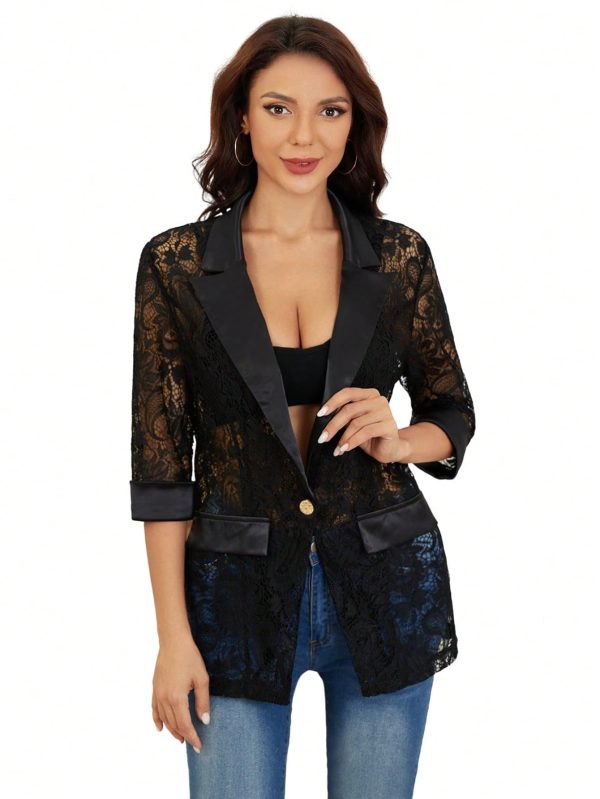 Women's Floral Lace Mesh One Button Lapel Neck Long Sleeve Elegant Jacket Blazer
