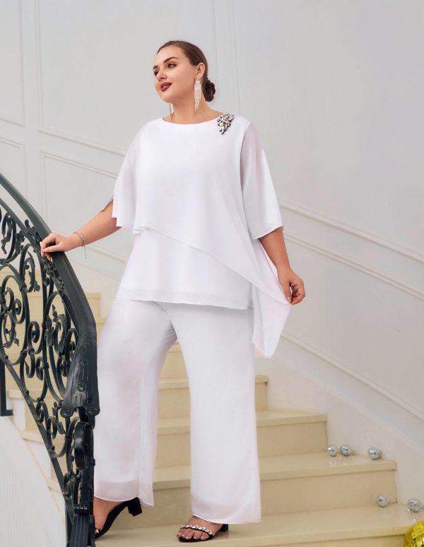 Plus Size Mother of Bride Pant Suits 2 Piece Chiffon Sets Ruffle Layers Wedding Guest Outfit