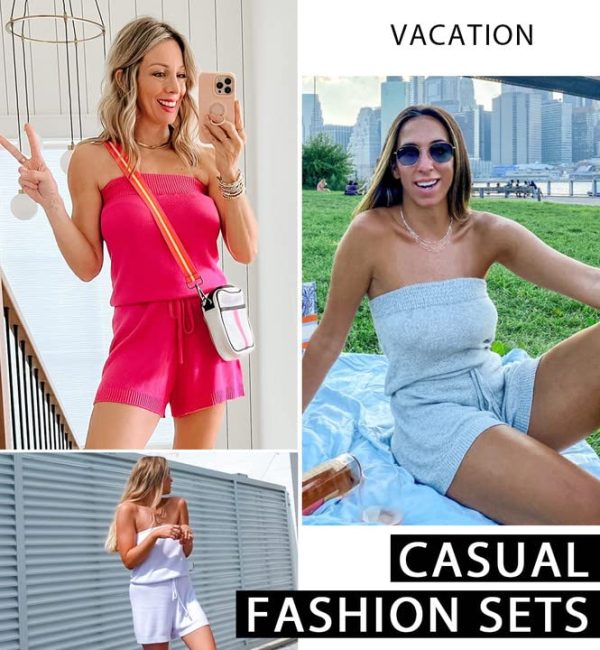 Womens Summer Jumpsuits Casual Loose Sleeveless Off Shoulder Elastic Waist Romper Loungewear Two Piece Outfits