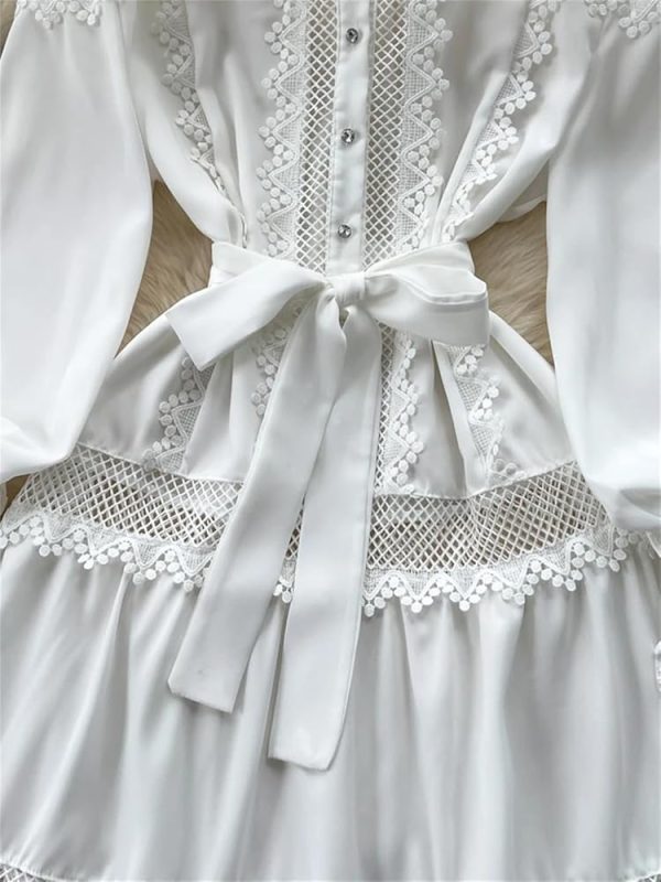 Elegant Lace Patchwork Maxi Dress Women Hollow Out Short Sleeve O Neck Lightweight Beach Dress