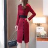 Women Contrast Color Elegant Temperament Party Dresses Office High Waist Long Sleeve Slim Midi Dress