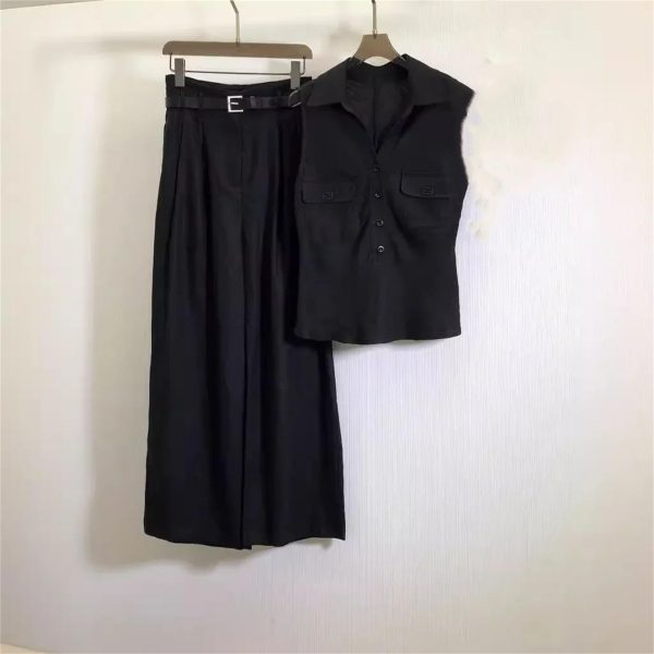 Women's Linen Vest Set - High Waist Wide Leg Pants