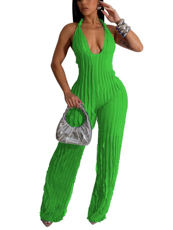 Summer Sexy Halter Jumpsuits for Women V Neck Tie Knot Pleated Boho One Piece Wide Leg Long Pants Jumpsuit Romper