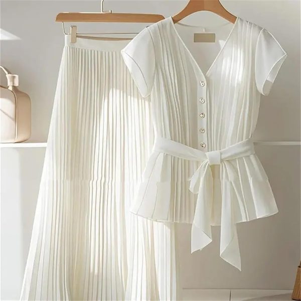 Womens 2 Piece Chiffon Outfits Short Sleeve Blouse and Pleated A Line Long Skirt Set with Belt for Work Office
