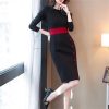 Women Contrast Color Elegant Temperament Party Dresses Office High Waist Long Sleeve Slim Midi Dress