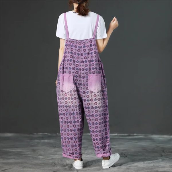 Women Vintage Printed Jumpsuits Loose Washed Denim Overalls Print Simple Rompers Pants