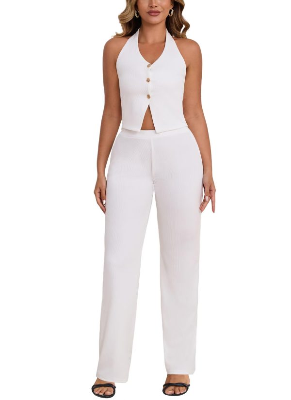 Two Piece Sets for Women Summer V Neck Button Down Sleeveless Halter Vest Tops Wide Leg Pants Sets Matching Sets