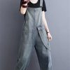 Womens Blue Vintage Big Pockets Streetwear Overalls Long Jumpsuit Loose Rompers Denim Jumpsuits