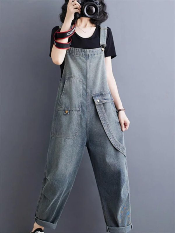 Womens Blue Vintage Big Pockets Streetwear Overalls Long Jumpsuit Loose Rompers Denim Jumpsuits