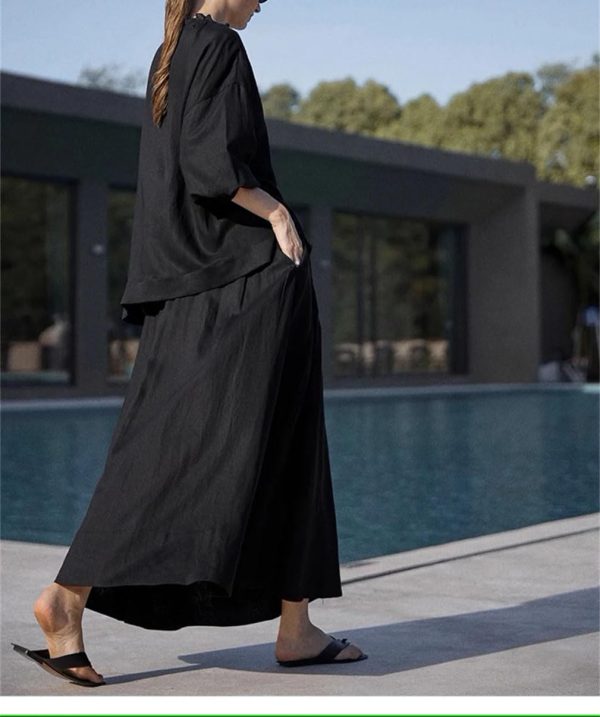 Women's Linen Suit Set - Black Skirt Seven Sleeve Travel Business Ensemble