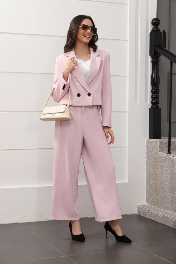 Women's Suit 2 Piece Casual Outfits Cropped Blazer High Waisted Wide Leg Pants for Work