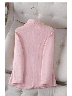 Women's Long Sleeve Suit Jacket Double Breasted Tweed Blue White Blazer Coat Business Casual Work Outerwears