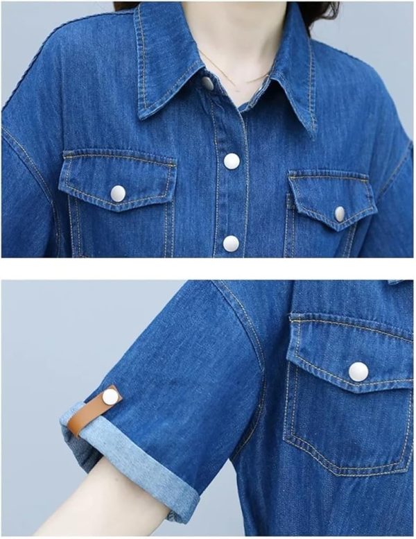 Women’S Office Fashion Denim Dress Summer Slim Fit Round Neck Short Sleeve A Line Belted Dress for Vacation