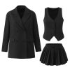 Women's 3-Piece Blazer Suit - Notched Twill Jacket & Bow Waist Pleated Skirt