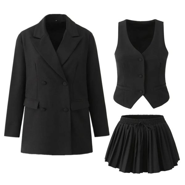 Women's 3-Piece Blazer Suit - Notched Twill Jacket & Bow Waist Pleated Skirt
