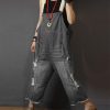 Women Casual Loose Cropped Denim Jumpsuits Rompers Jeans Overalls Distressed Ripped Fringed/Pockets P49