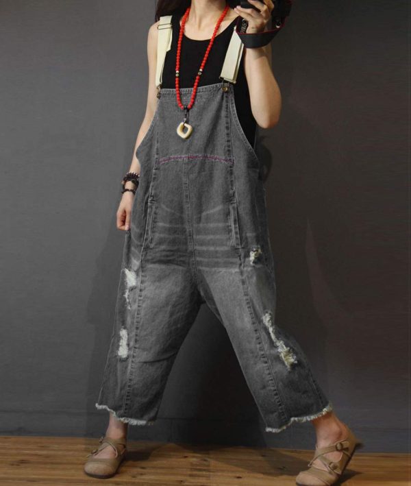 Women Casual Loose Cropped Denim Jumpsuits Rompers Jeans Overalls Distressed Ripped Fringed/Pockets P49