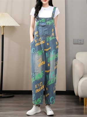 Women Printed Denim Overalls Sleeveless Wide Leg Denim Jumpsuits Loose Vintage Jumpsuits