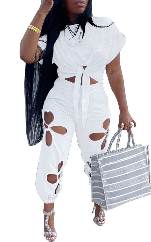 Women 2 Piece Outfits Set Casual Crop Top Shirt Hollowed Out Sweatpants Women Fashion Tracksuit