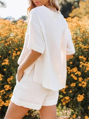Summer Cotton Linen Pocket Sets, Short Sleeve T Shirt And Shorts 2 Piece Set, Women Beach Solid Outfits Tracksuit