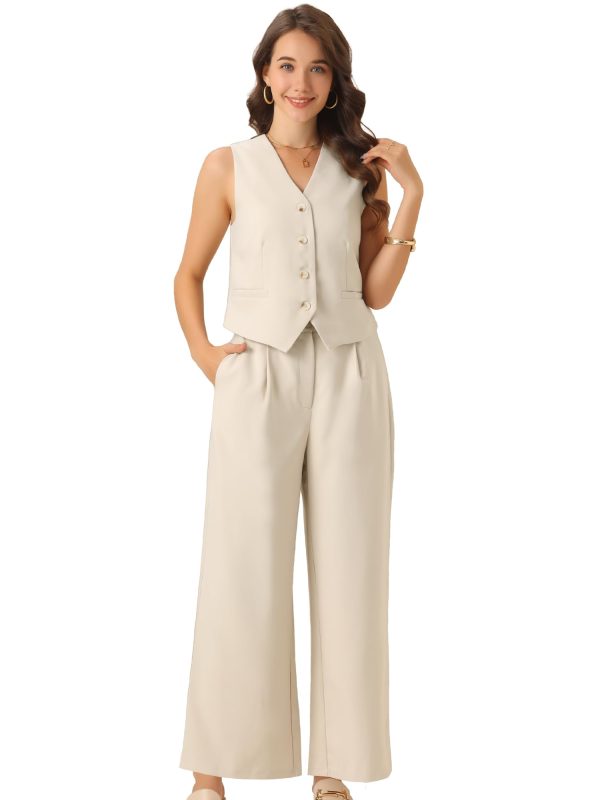61P8-gOok3L.jpg Two Piece Outfits for Women's Button Front Sleeveless Vest Wide Leg Pants Matching Sets