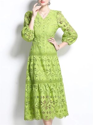 61PA8j4La0L.jpg Women Summer Hollow Out Lace Dress Streetwear Long Sleeve Office Party Dress