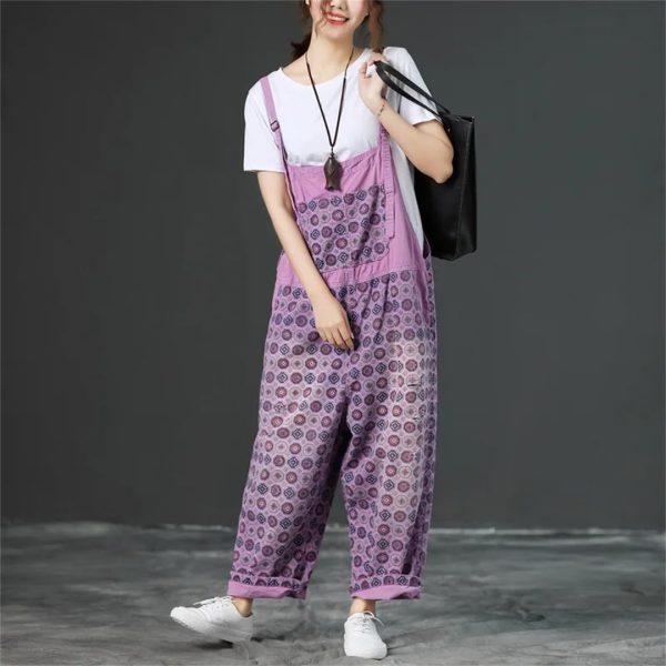 Women Vintage Printed Jumpsuits Loose Washed Denim Overalls Print Simple Rompers Pants