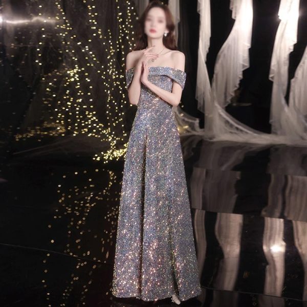 Shiny Sequin Off Shoulder Evening Dress for Women Classic Luxury Banquet Party Gown