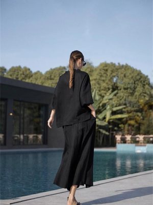 Women's Linen Suit Set - Black Skirt Seven Sleeve Travel Business Ensemble