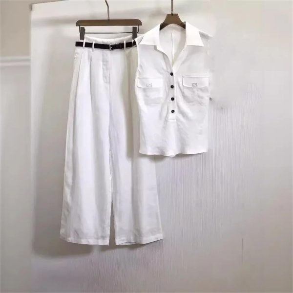 Women's Linen Vest Set - High Waist Wide Leg Pants