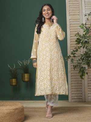 Hand Embroidered Indian Chikankari Georgette Kurti Kurta with Slip for Women A90397