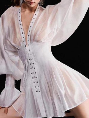 Modern Summer Minimalist Mini Dress Women V Neck Lace Up Casual Everyday Dress