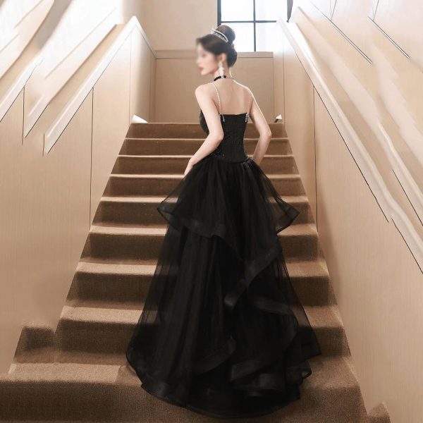 Black Sling Split Cocktail Evening Dress Sexy Formal Banquet Party Dress for Women