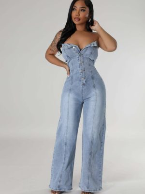 Womens Denim Jumpsuits Button Sleeveless Tube Top Wide Leg Jeans Summer Going Out Jumpsuits