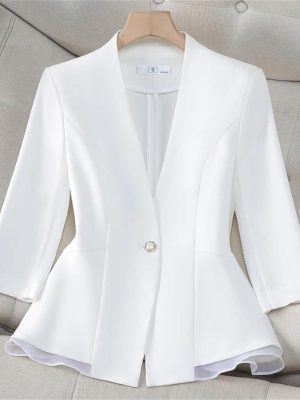Women Elegant Black White Blazer Ruffle Slim Fit Half Sleeve Formal Office Top Work Jacket
