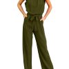 Jumpsuits For Women Dressy Summer One Piece Sleeveless Ruffle Mock Neck Belt Pockets Formal Wide Leg Pants Romper
