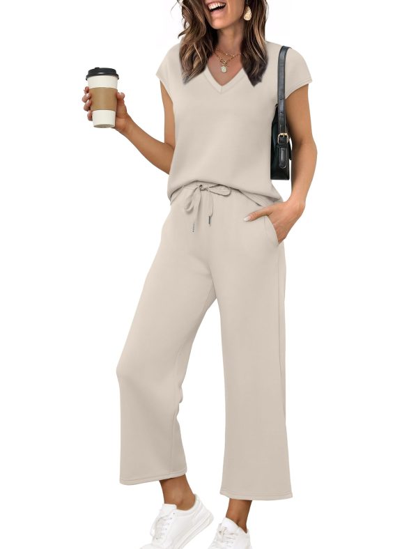 Two Piece Sets for Women Summer Outfits Lounge Sets V Neck Tops Wide Leg Pants Woman Vacation Travel Outfits