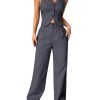 Women's 2 Piece Solid Sleeveless V Neck Cross Back Button Down Blazer and Pants Business Office Suit Set